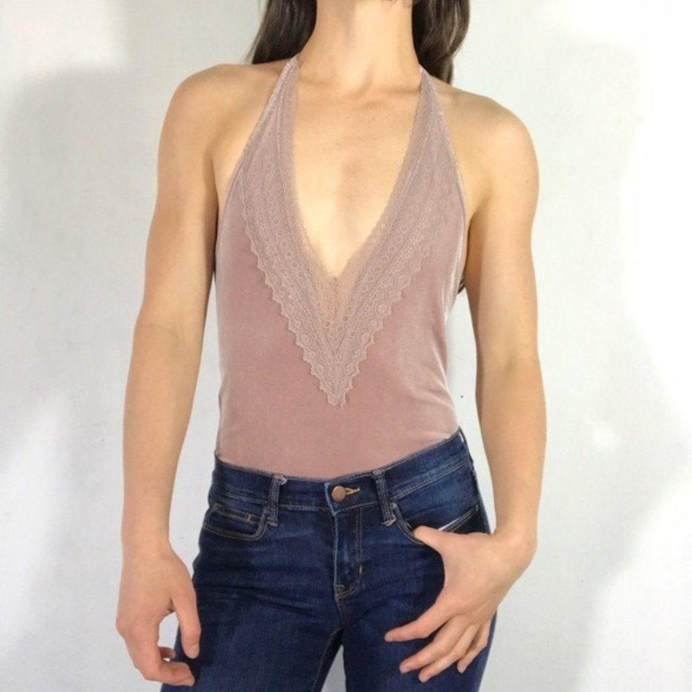 Forever 21 Deep V-Neck Lace Velvet Bodysuit
